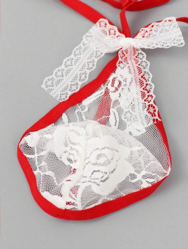 Men's Fashionable Spaghetti Strap White Bow Tie Lace Rose Trim Men's Briefs